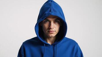 Image of a hooded hacker figure clad in a blue hoodie on a white backdrop photo