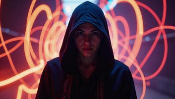 Mystical hooded figure amidst vibrant abstract light trails symbolizing contemporary digital aesthetics photo