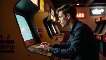 Nostalgic gaming experience featuring a retrostyled arcade with a man in brown photo