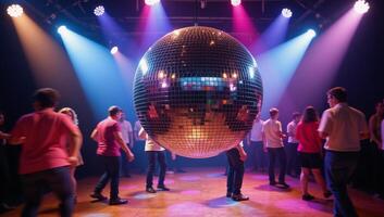 People blurring while dancing near a vibrant giant disco mirror ball photo