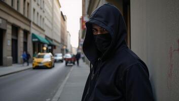 Hooded criminal lurks menacingly on city street during daylight hours Urban crime scene with fear and suspicion photo
