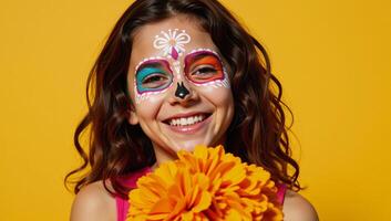 Girl with colorful sugarskull face paint and marigold bouquet smiles in a sunlit setting photo