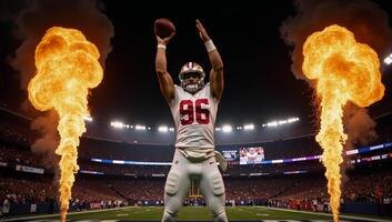 American football player holds ball over fiery backdrop sporting scene showcases stadium action during Super Bowl featuring player and banner photo