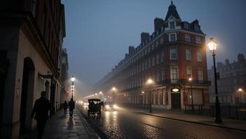 A foggy night scene featuring cobblestone streets in Victorianera London photo
