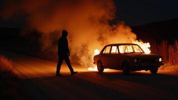 Hooded figure passing by flaming wreckage at twilight photo
