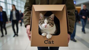 Cat carrier with feline inside set against an airport interior backdrop rendered using neural network art style photo
