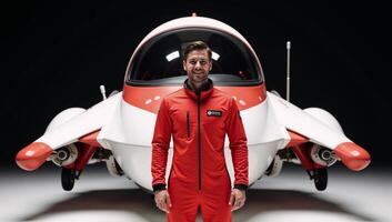 A cartoonish redandwhite spaceship features a smiling astronaut in a red suit photo