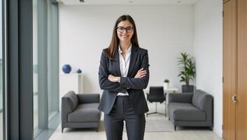 Professional businesswoman smiles in office setting photo