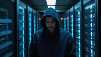 A Hacker in a Hoodie within a Data Center setting photo