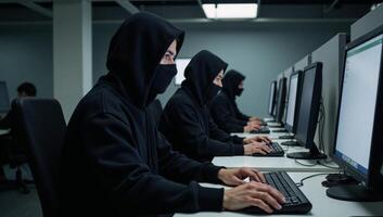 Call center scammers swindlers in masks and headsets at a computerfilled office photo