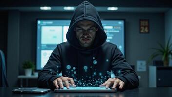 A man wearing a hood depicted as a cyberhacker surrounded by floating holograms and data streams photo