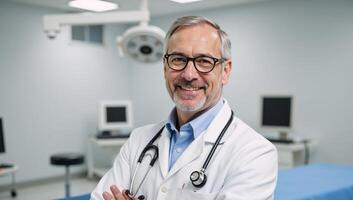 Senior male doctor warmly smiling in white coat confident and caring in medical setting photo