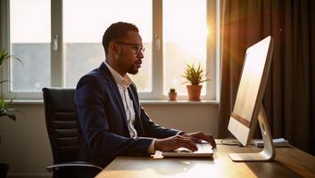 Mature Black financial advisor at home during golden hour typing with focused gaze while on a call in a stylishly decorated contemporary residence photo
