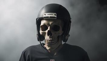 A chilling image featuring a skullhelmet fusion with a ghoulish face behind a cracked visor showcasing visible bones in the eerie fog photo