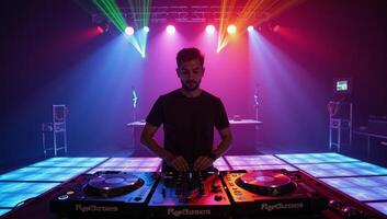 Vibrant rave party with energetic DJ setup amongst flashing lights colorful lasers photo