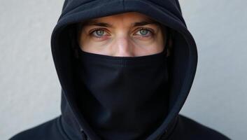 Masked man in dark hoodie with piercing blue gaze photo