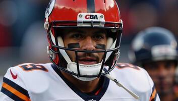 Closeup image Super Bowl American Football Player in uniform and helmet photo