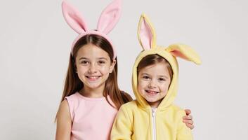 Watercolor portrait of two children dressed as bunnythemed characters isolated against a plain white backdrop photo