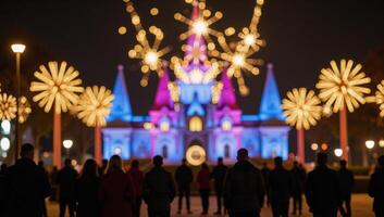 An abstract holiday scene features celebratory firework bokeh and golden festive glitter lights against a blueandblack backdrop photo