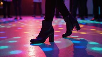 Illustrated scene featuring a lively dancefloor under vibrant lights showcasing a dancer in black boots photo