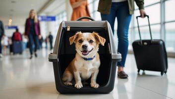 A cute dog traveling in a pet carrier at an airport terminal with its owner photo
