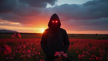 Figure in redeyed hooded jacket amidst glowing sunset and blooming wildflower field photo