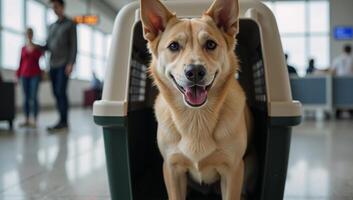 A dog in a travel carrier is depicted enjoying itself at an airport terminal photo