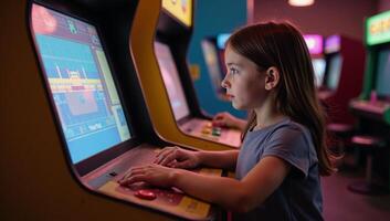 Girl playing pixel art arcade game in retrostyled gaming hall with neon lighting photo