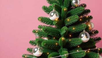 A festive 3Drendered Christmas scene features an isolated green tree adorned with snowy ornaments against a vibrant pink backdrop Merry Christmas Happy New Year photo