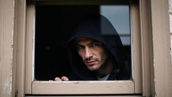 A mysterious hooded figure gazes intently from behind a window photo