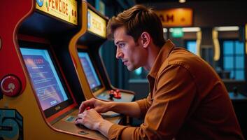 Retro arcade setting featuring a man playing classic games with a vintage feel photo