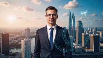 A double exposure image featuring a business person against a futuristic techfocused metropolis backdrop photo