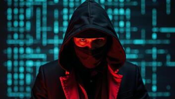Cybercriminal depicted as a hacker with hoodie on neonred digital backdrop signifying cybersecurity and protection efforts photo
