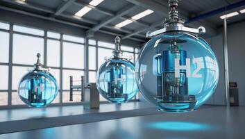 A 3D rendered image showcases an innovative hightech hydrogen power station with the BPVC and ASME logo near the plant producing H2 fuel in spherical tanks as part of alternative energy initiatives photo