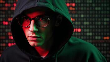 Hooded hacker in front of binary code backdrop photo