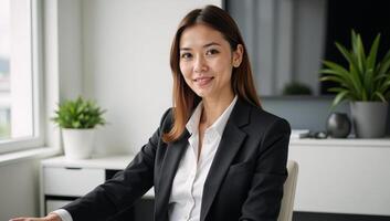 Businesswoman poses professionally at desk with casual ease under soft office lighting photo
