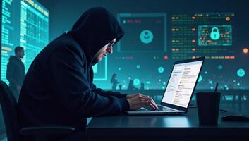 Cybersecuritythemed illustrative artwork focusing on hacking espionage and tech advancements as a UHD wallpaper design photo