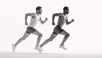 Digital halftonestyle image depicts an African American Olympian runner in action against a pure white backdrop symbolizing the Olympics photo