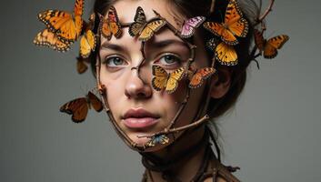 Head sculpted from trees and butterflies concept illustration photo