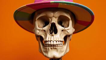 Skull with hat on vibrant orange backdrop Minimalist Art Style photo
