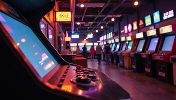 Illustration depicts a neonlit arcade center for retro gaming fun photo