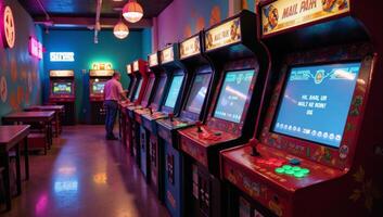 Nostalgic arcade room illustrated with retro gaming cabinets neonlit floors pixelated game character murals photo
