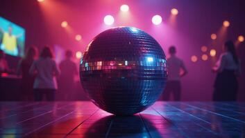 A 3D disco ball shines vibrantly amidst a retrotastic club scene showcasing a glowing neon party vibe photo
