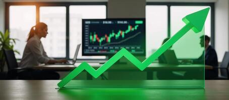 A rising green graph line represents stock market business growth photo