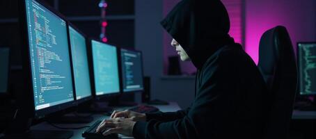 A hooded hacker engages in criminal activities surrounded by multiple screens and dim lighting photo