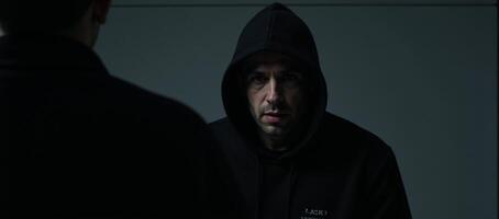 A man wearing a hood stalks someone on a dark night with criminal intent robbery or assault photo