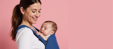 A woman tenderly holds a slumbering infant in a blue baby carrier amidst a pink setting photo
