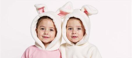 A watercolor portrait featuring an isolated image of a pair of children dressed as bunnies against a white backdrop photo