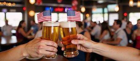 A bar scene depicting two toasting glasses adorned with American flags during the Fourth of July celebration photo