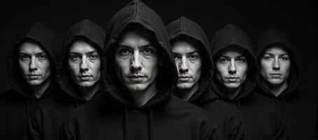 Hooded figures gather before a backdrop of darkness photo